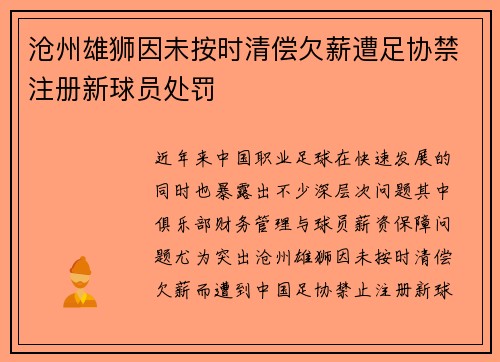 沧州雄狮因未按时清偿欠薪遭足协禁注册新球员处罚